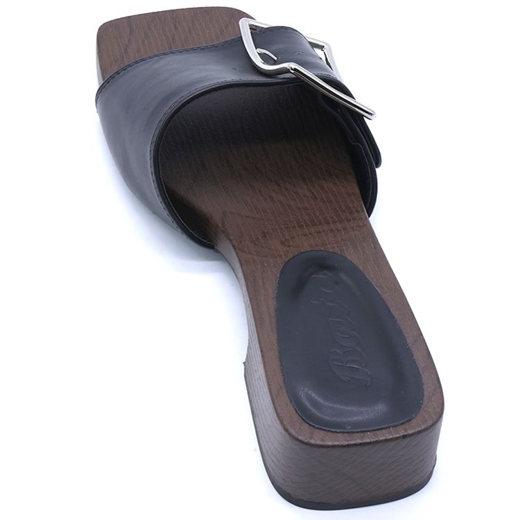 Black Buckled Wood Slides
