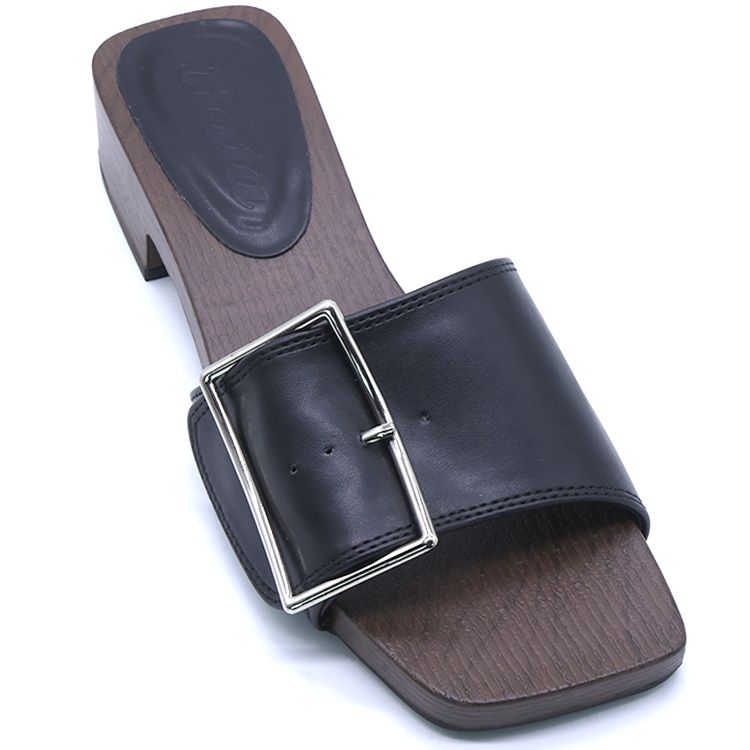 Black Buckled Wood Slides