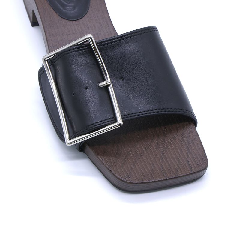 Black Buckled Wood Slides