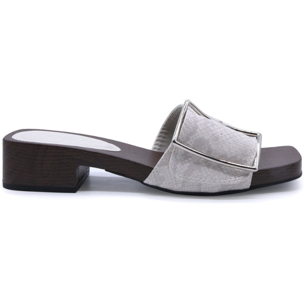 White Snakeprint Buckled Wood Slides