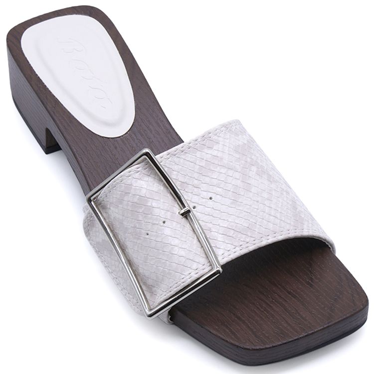 White Snakeprint Buckled Wood Slides