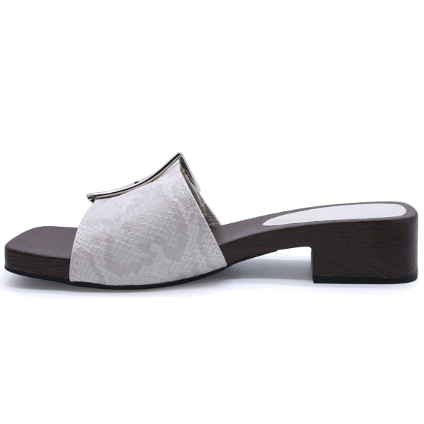 White Snakeprint Buckled Wood Slides