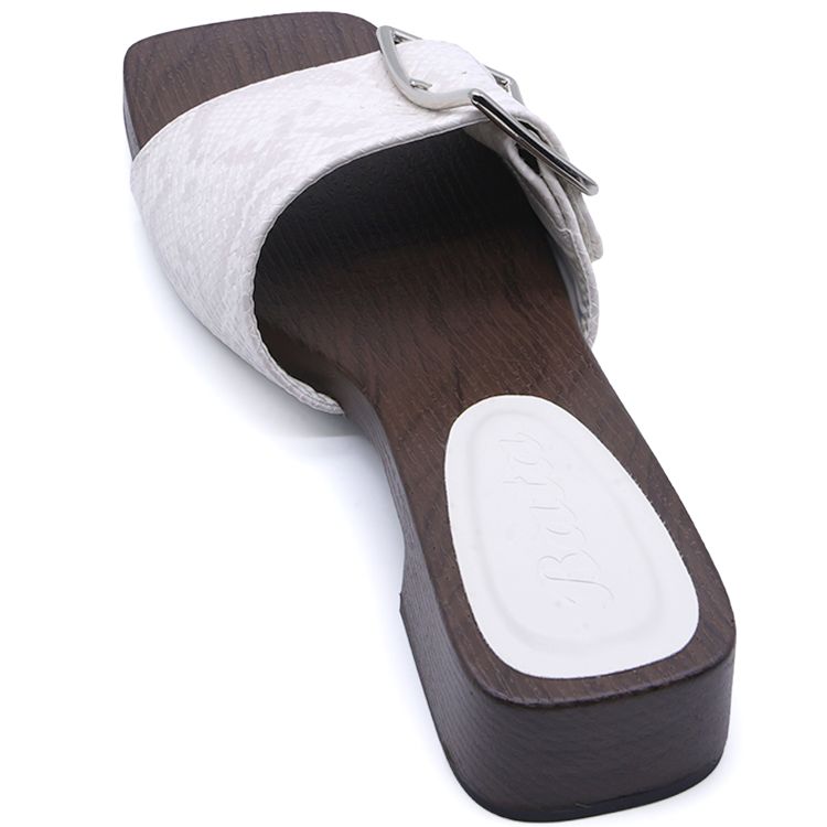 White Snakeprint Buckled Wood Slides
