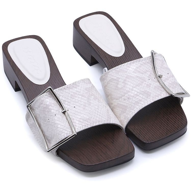 White Snakeprint Buckled Wood Slides