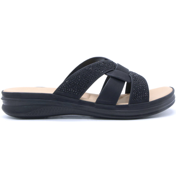 Comfit Embellished Black Slides