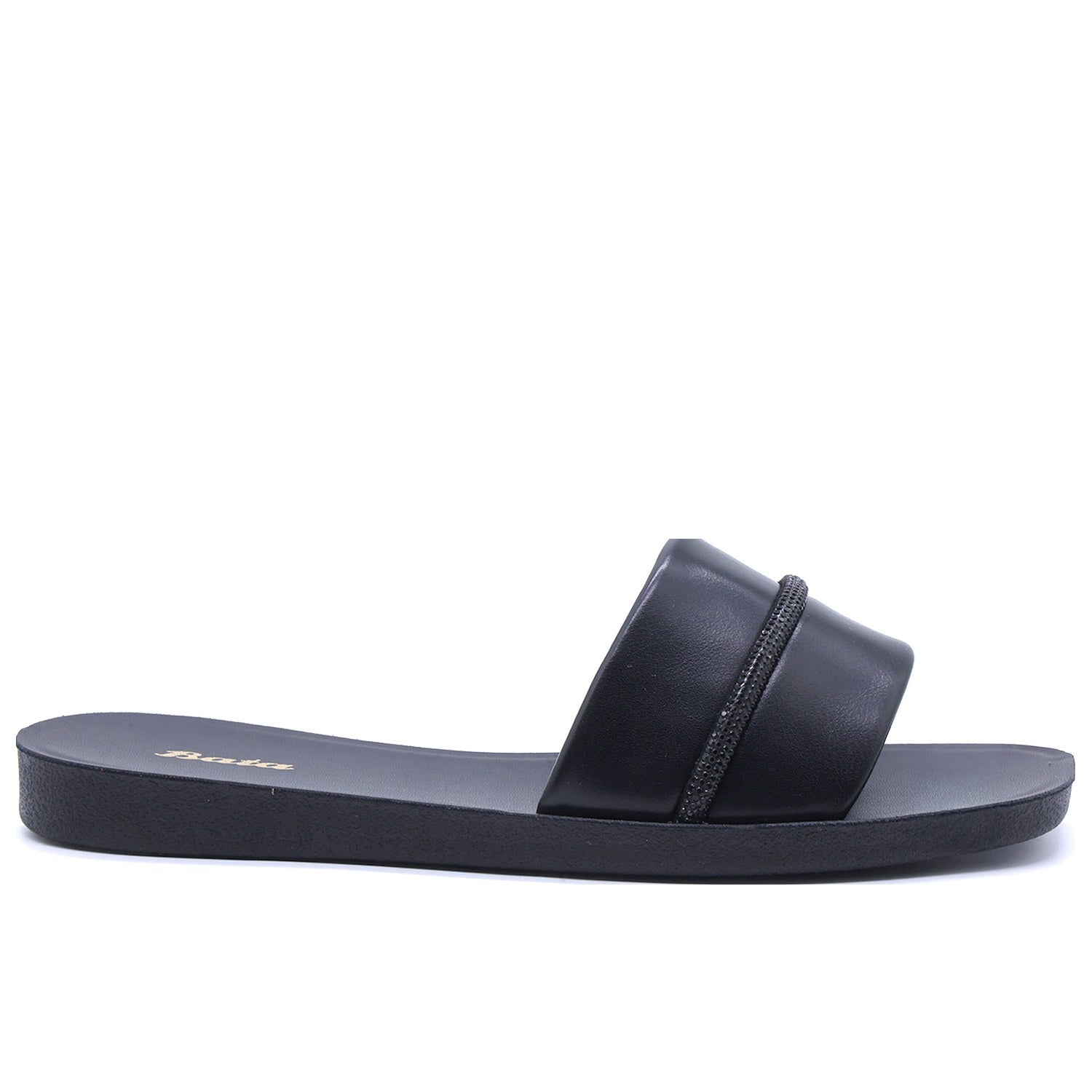 BLACK RHINESTONE TRIM SLIDES