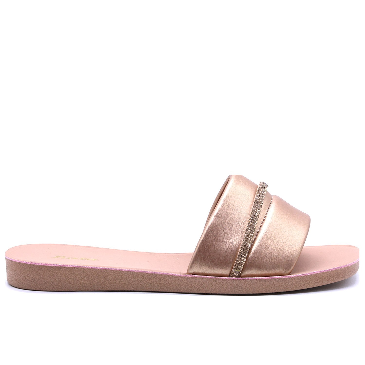 ROSE GOLD RHINESTONE TRIM SLIDES