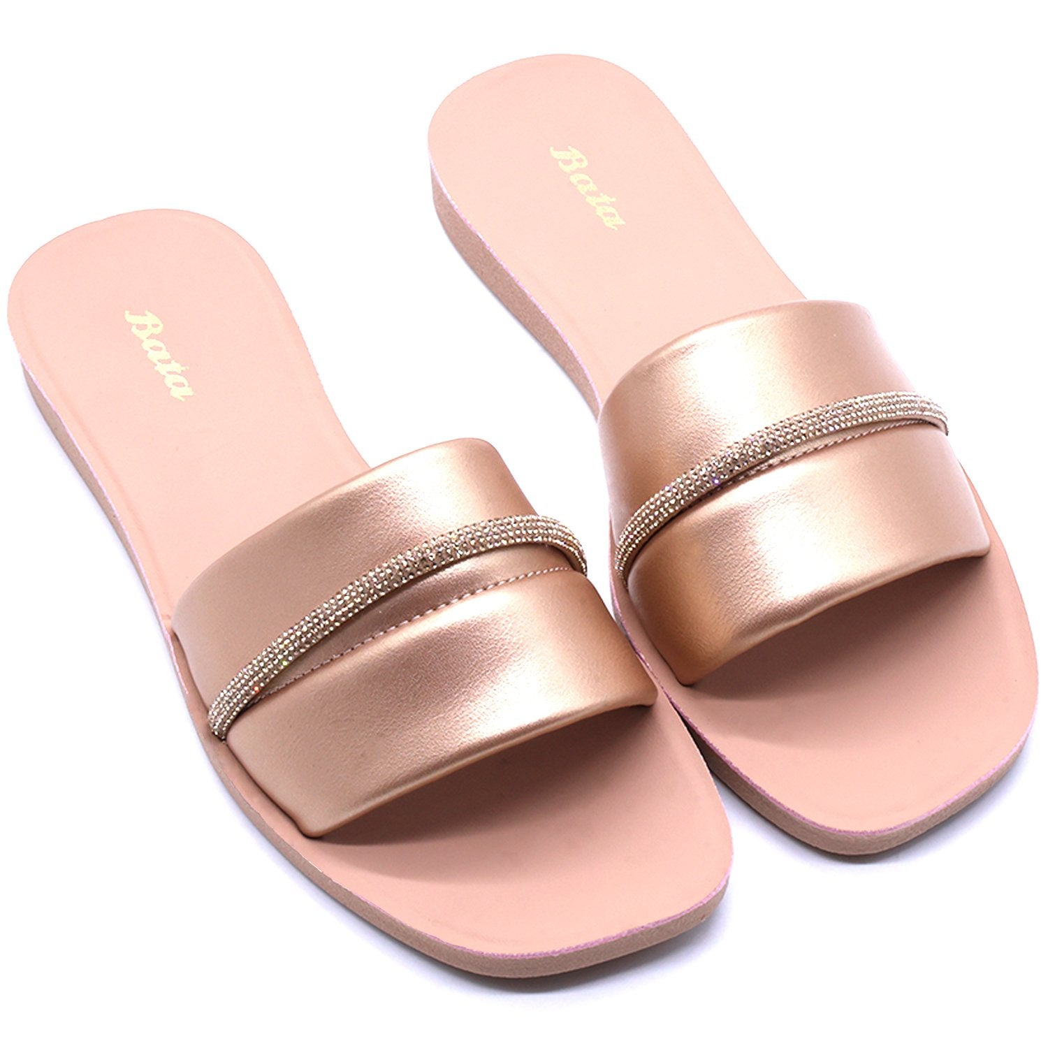 ROSE GOLD RHINESTONE TRIM SLIDES