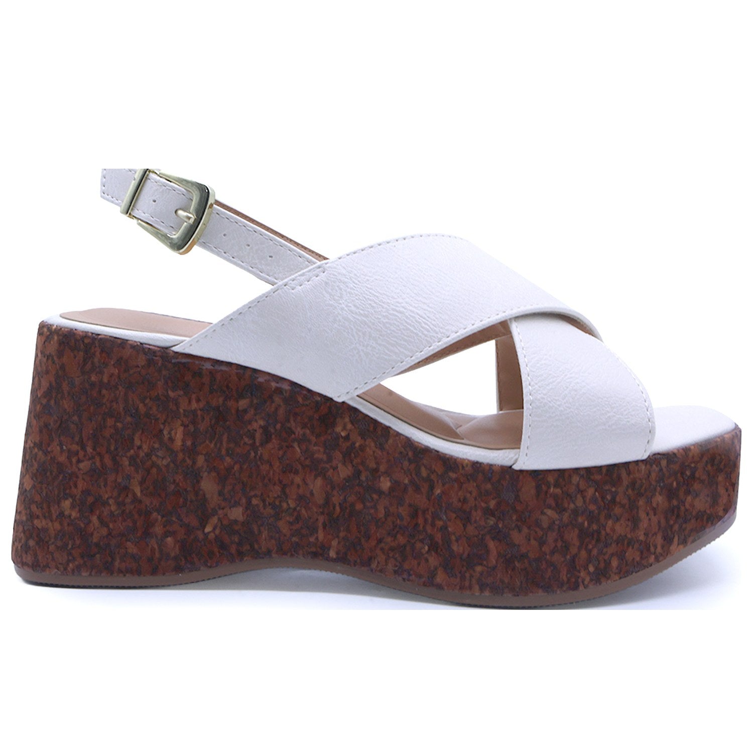 BR White Cork Wedge Crossover Sandal