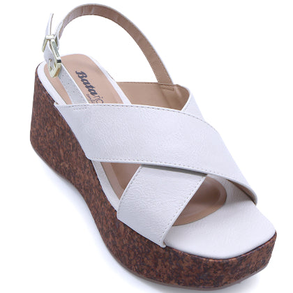 BR White Cork Wedge Crossover Sandal