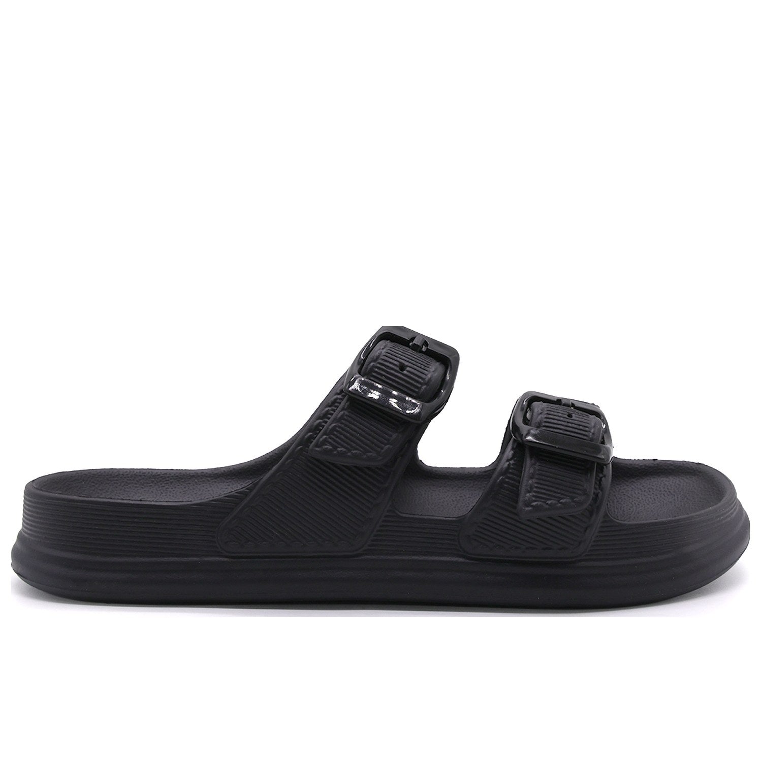 BR GIRLS BLACK DBL BUCKLE SLIDES