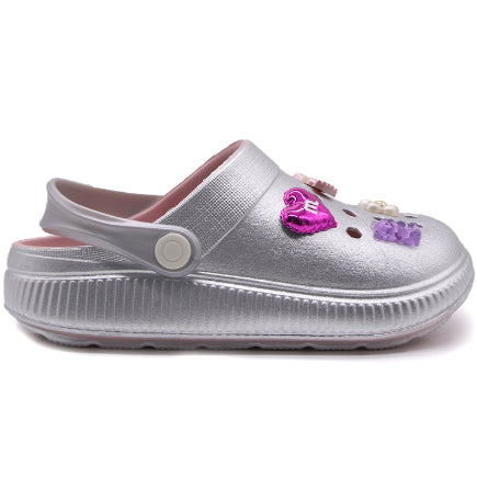 BR GIRLS SILVER CHARM CLOGS