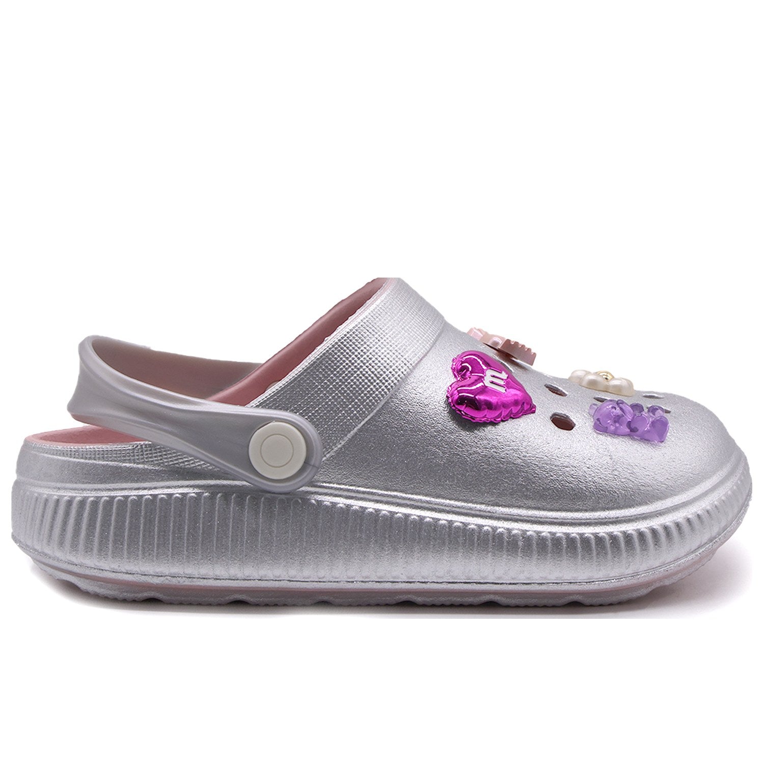 BR GIRLS SILVER CHARM CLOGS