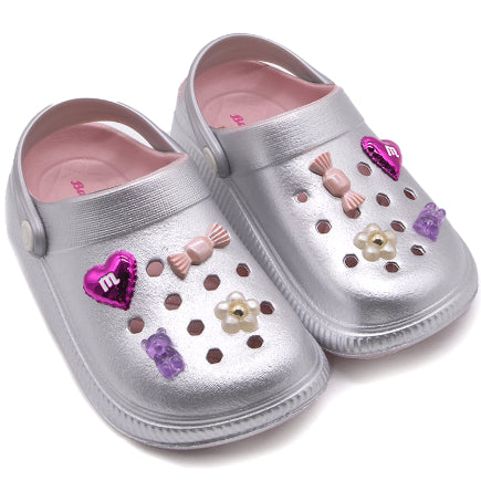 BR GIRLS SILVER CHARM CLOGS