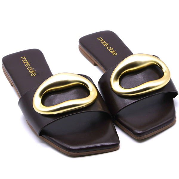 Marie Claire Brown Gold Buckle Slides