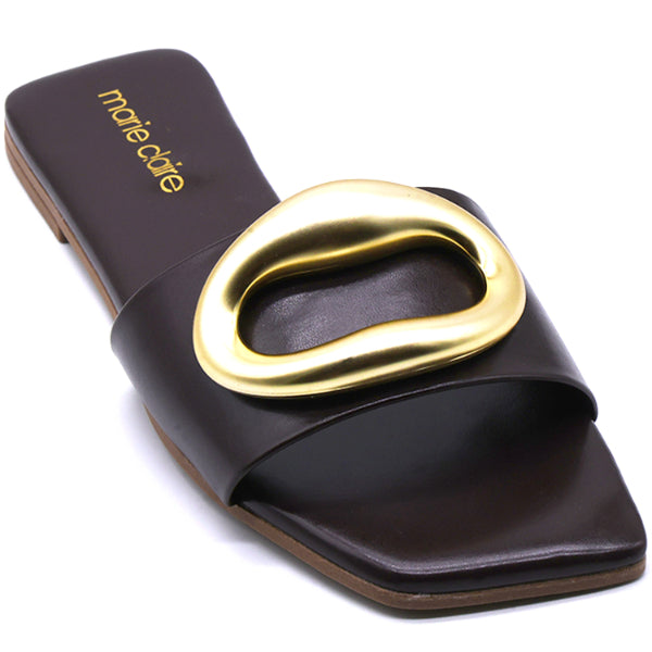 Marie Claire Brown Gold Buckle Slides
