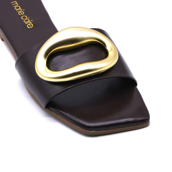 Marie Claire Brown Gold Buckle Slides