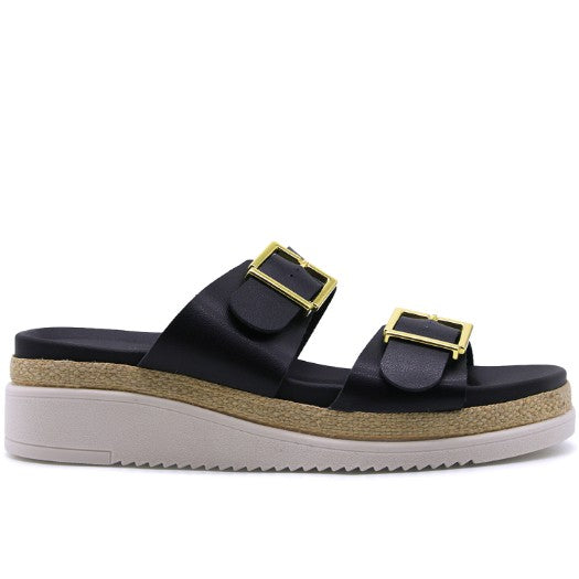 BR Black Dbl Buckle Espadrille Wedges