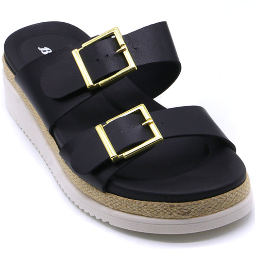 BR Black Dbl Buckle Espadrille Wedges