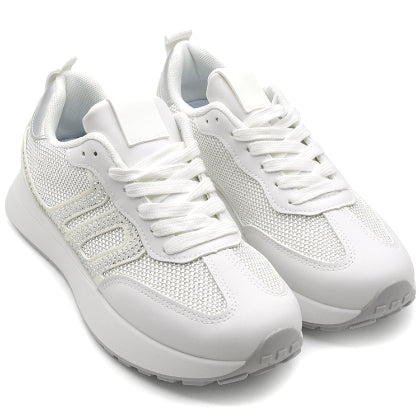 White Mesh-Panel Retro Sneaker in White – pair shown from the front