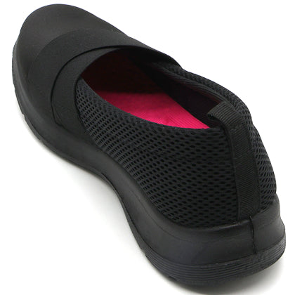 Black Cushion-Step Mesh Slip-On in Black – angled view from the heel